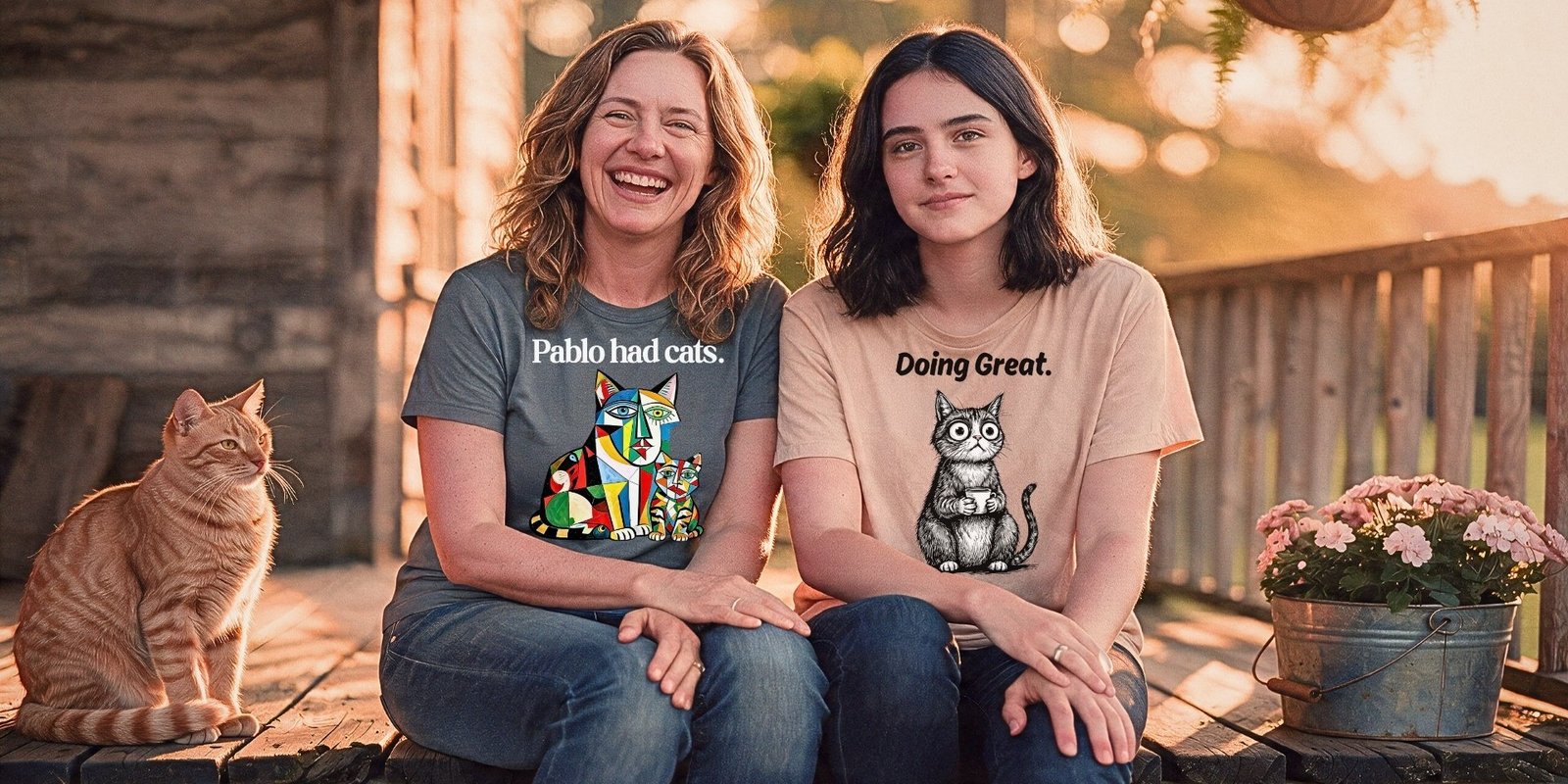 Mother and daughter on a porch wearing Pablo Had Cats and Doing Great cat t-shirts, with an orange tabby